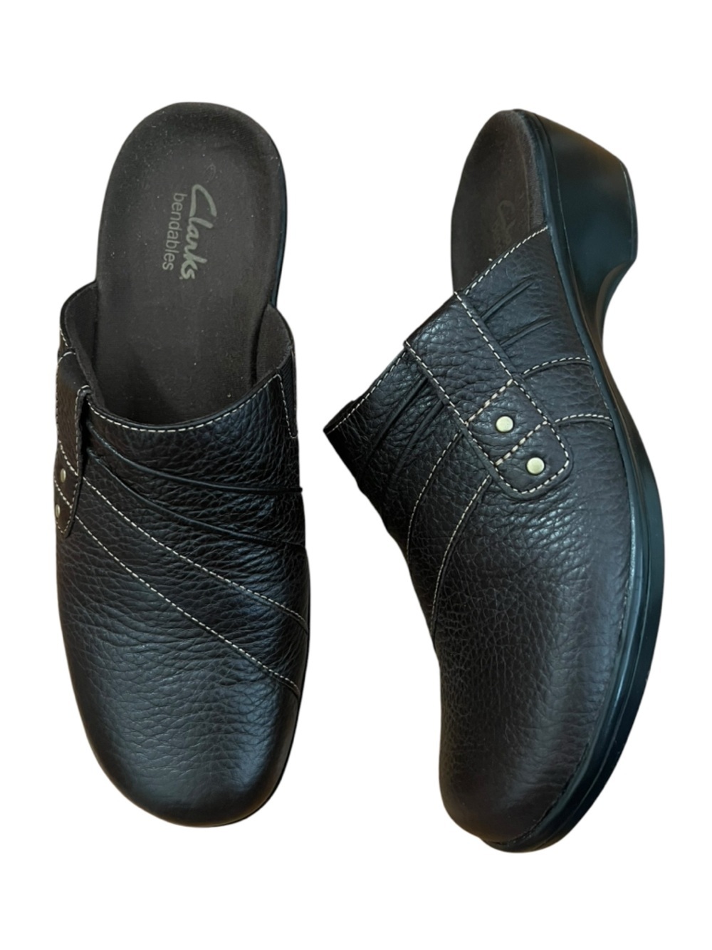 Clarks Bendables Leather Clog Mules Contrast Stitching Rivets Comfort Size 9